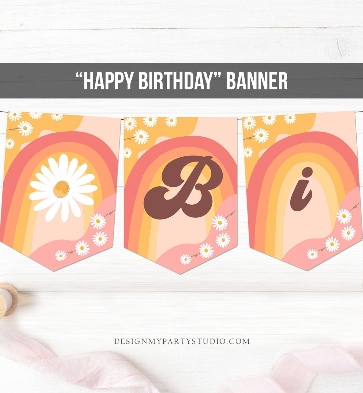 Happy Birthday Banner Daisy Birthday Banner Girl Groovy Birthday Party Decor Boho Retro Floral 70&#39;s Hippie Download PRINTABLE DIGITAL 0428