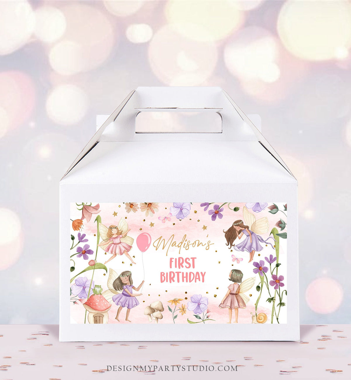 Editable Fairy Birthday Gable Gift Box Label Fantasy Fairies Birthday Favors Girl Treat Box Label Floral Girl Download Printable Corjl 0406