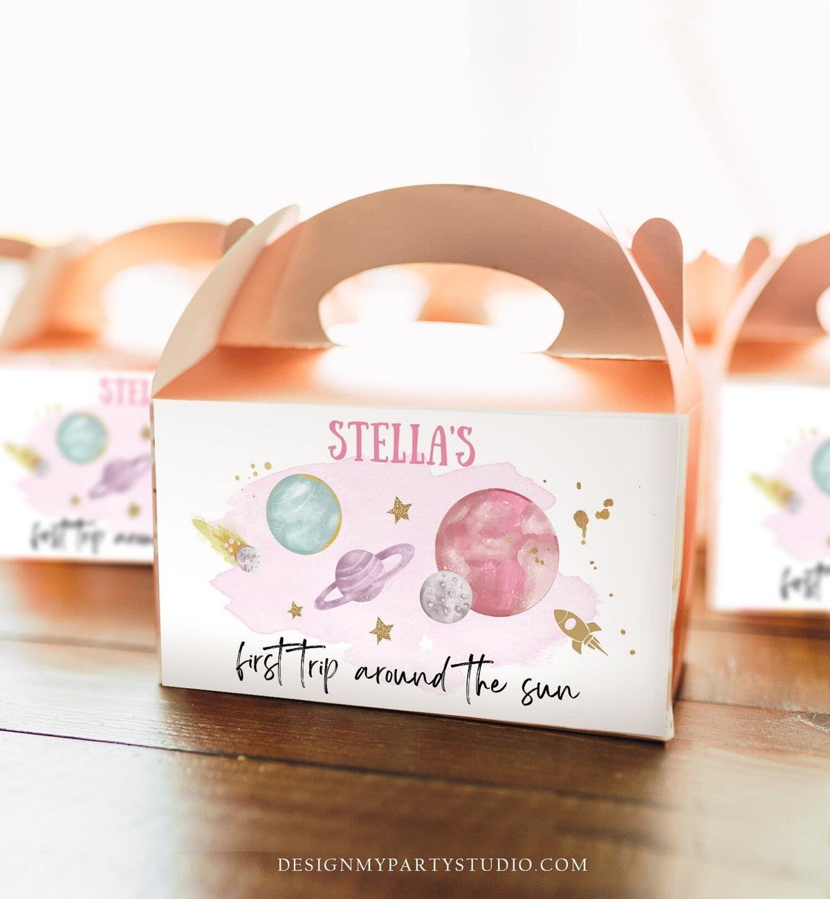 Editable Space Gable Box Label Outer Space Birthday Girl Gift Box Label First Trip Around the Sun Party Favors Download Printable Corjl 0357