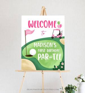 Editable Golf Birthday Welcome Sign 1st Birthday Girl Hole in One Party First Birthday Par-Tee Golfing Golf Template PRINTABLE Corjl 0405
