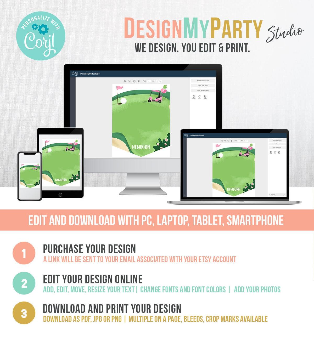 Editable Hole in One Birthday Banner Monthly Photo Banner Pink Golf 1st Birthday Par-tee Golfing Girl Download Corjl Template Printable 0405