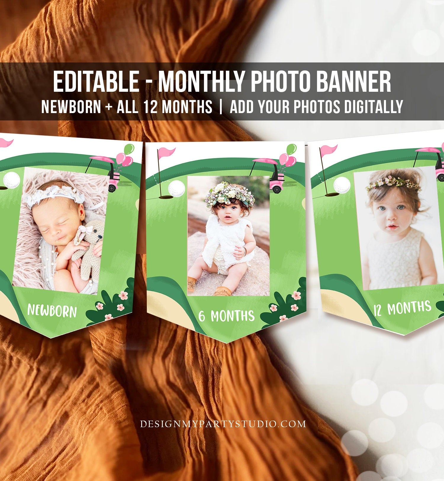 Editable Hole in One Birthday Banner Monthly Photo Banner Pink Golf 1st Birthday Par-tee Golfing Girl Download Corjl Template Printable 0405