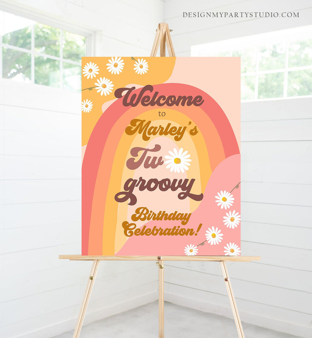 Editable Two Groovy Birthday Welcome Sign Floral Boho 2nd Birthday Welcome Sign Retro 70&#39;s Hippie Festival Digital Template Printable 0428