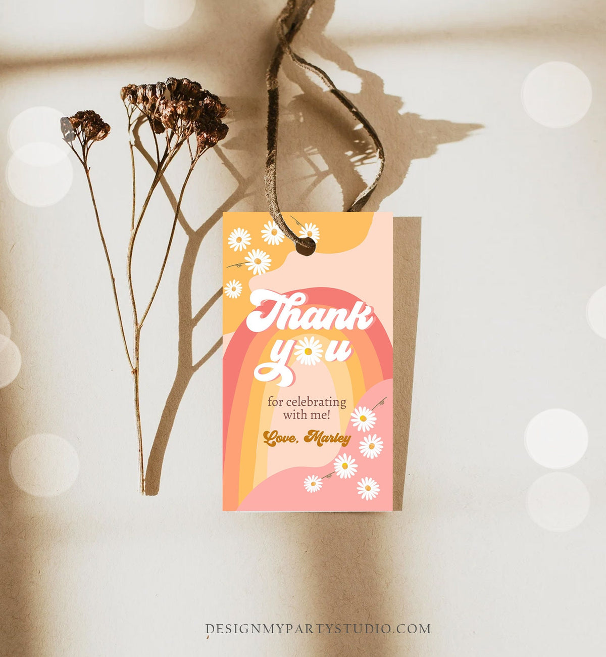 Editable Retro Daisy Favor Tags 1st 2nd Groovy Birthday Thank you Tags Festival Gift tags 70s Floral Hippie Digital Template Printable 0428