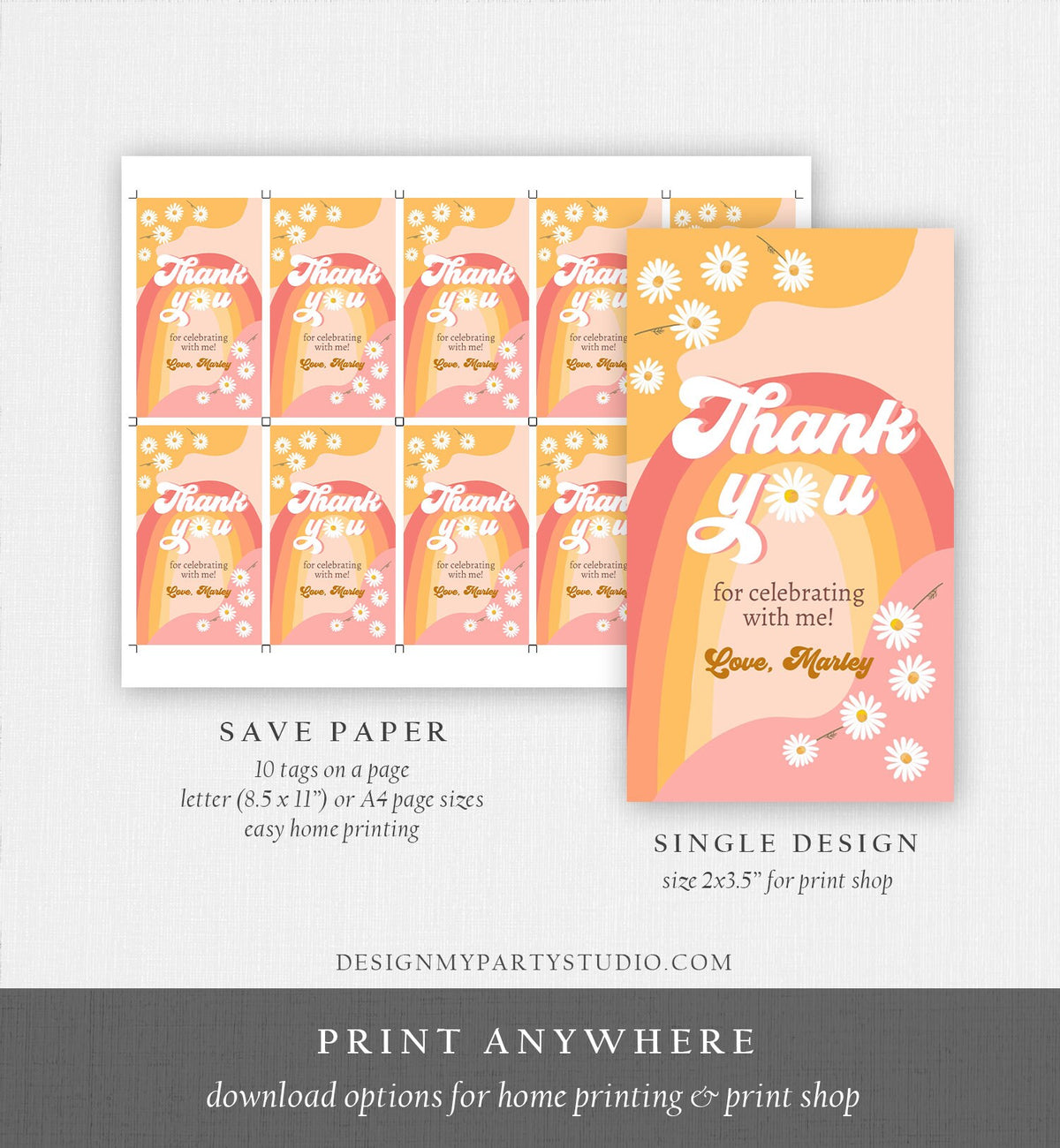 Editable Retro Daisy Favor Tags 1st 2nd Groovy Birthday Thank you Tags Festival Gift tags 70s Floral Hippie Digital Template Printable 0428