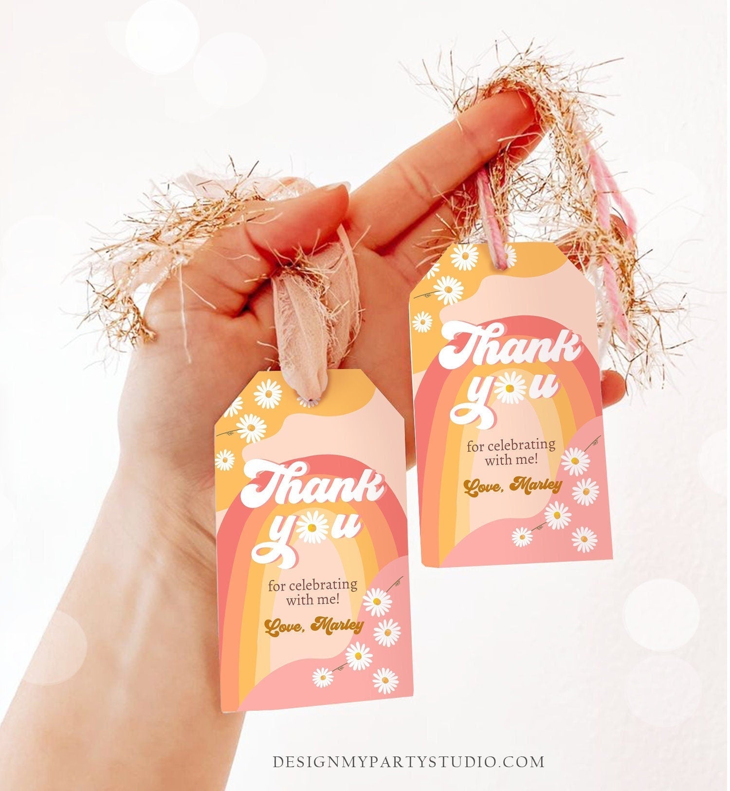 Editable Retro Daisy Favor Tags 1st 2nd Groovy Birthday Thank you Tags Festival Gift tags 70s Floral Hippie Digital Template Printable 0428