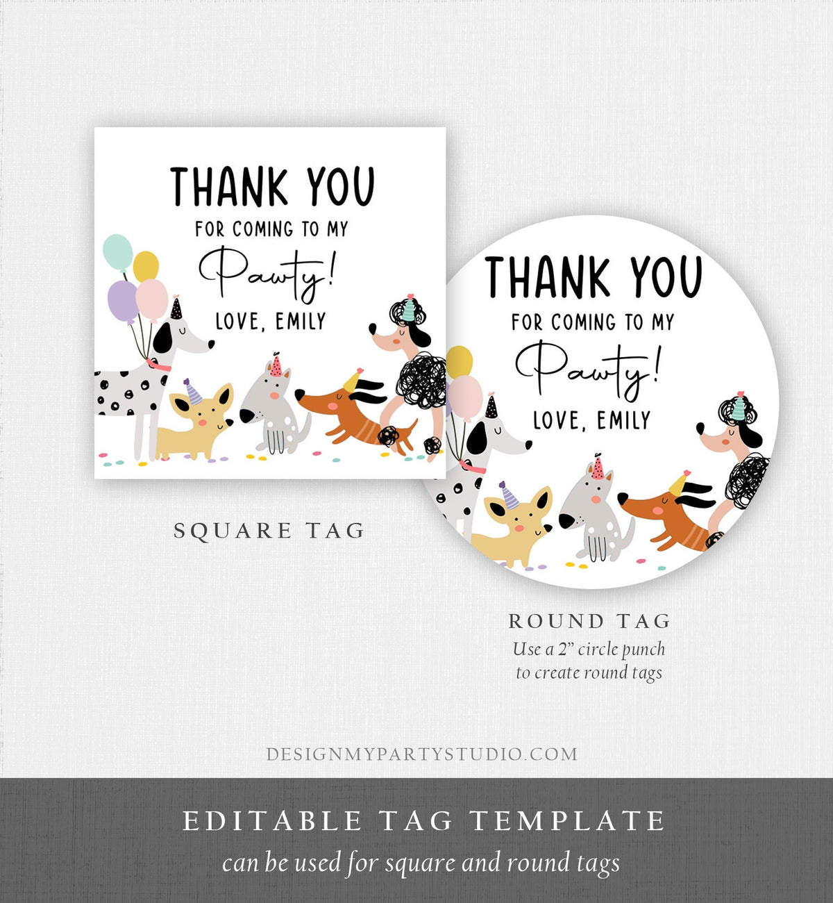 Editable Dog Favor tags Puppy Dog Birthday Thank you tag Girl Pink Puppies Pup Pet Animal Dog Themed Stickers Template PRINTABLE Corjl 0429
