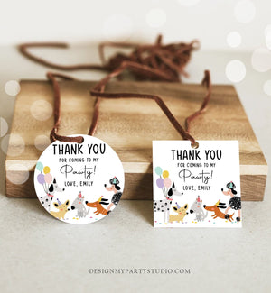 Editable Dog Favor tags Puppy Dog Birthday Thank you tag Girl Pink Puppies Pup Pet Animal Dog Themed Stickers Template PRINTABLE Corjl 0429