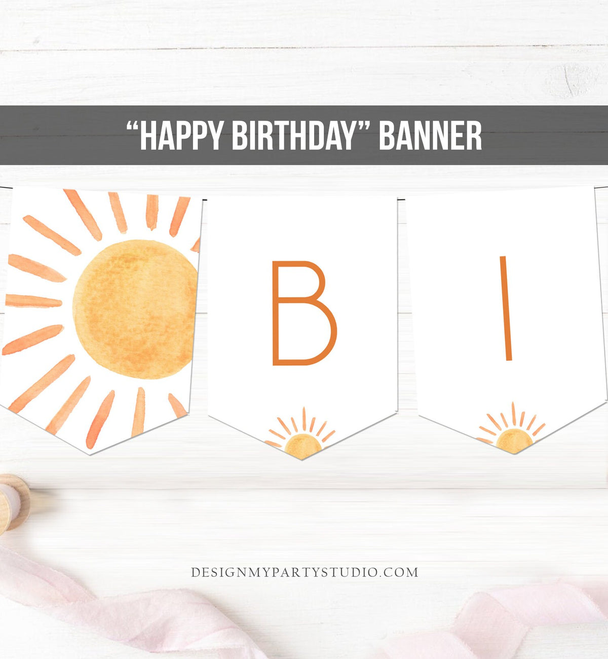 Sun Happy Birthday Banner First Trip Around the Sun Bunting Sunshine Banner Sunshine Birthday Decor Neutral Garland PRINTABLE Digital 0431