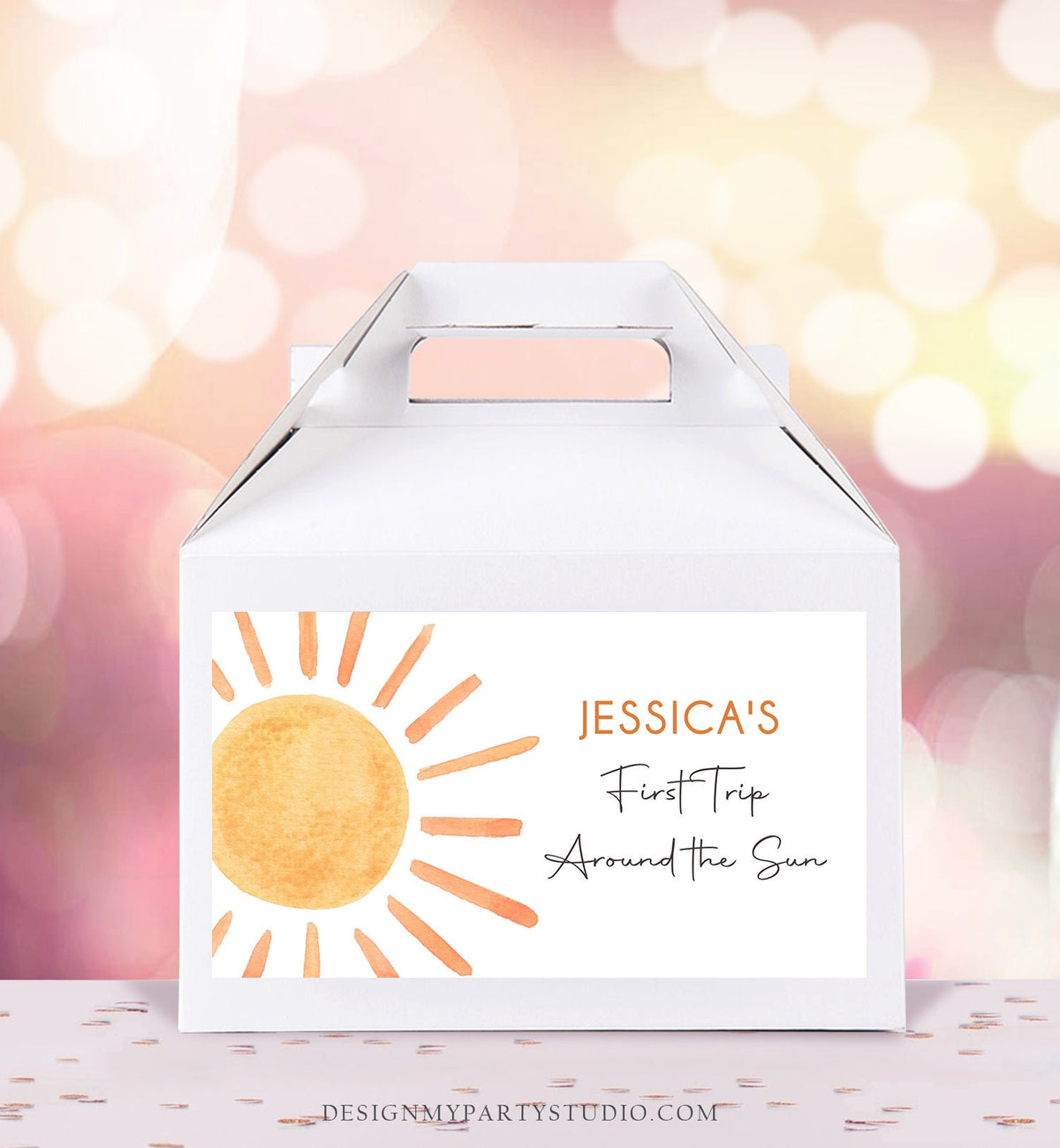 Editable Sun Birthday Party Gable Box Favor Label Boho Sun Gift Box Labels Sunshine First Trip Around the Sun Download Printable Corjl 0431