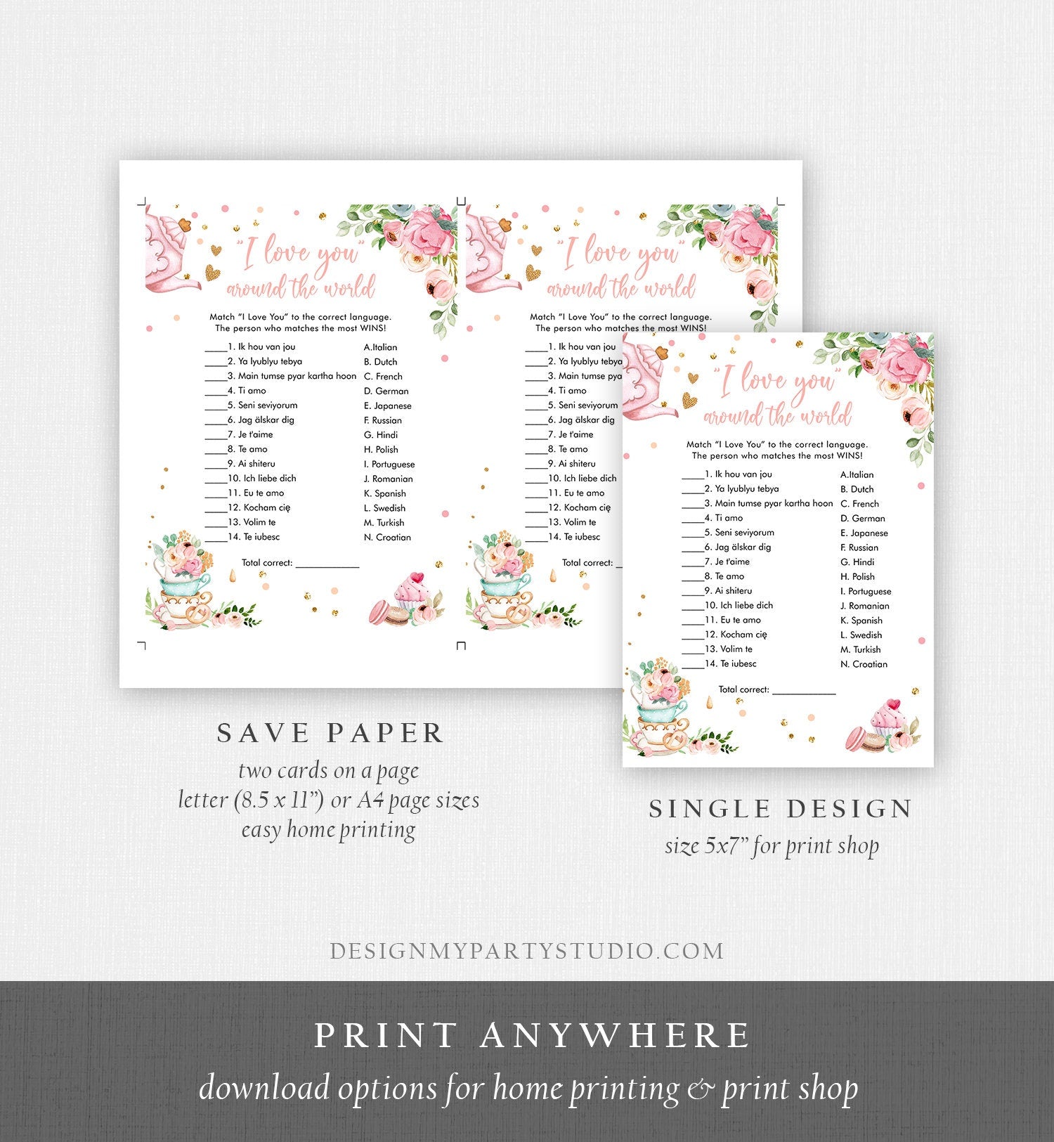 Editable I Love You Around the World Bridal Shower Game Greenery Tea Party Love is Brewing Pink Watercolor Corjl Template Printable 0349