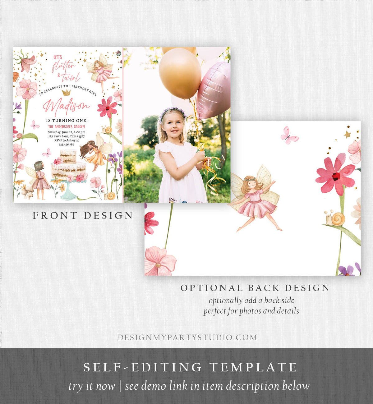 Editable Fairy Princess Birthday Invitation Girl Pink Floral Magical Fairy Party Whimsical Garden Digital Download Template Printable 0406
