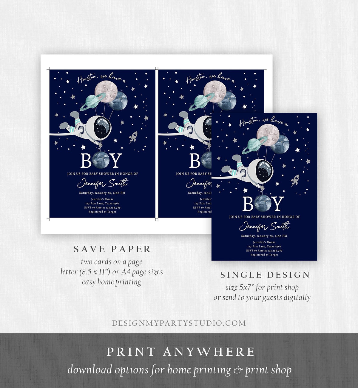 Editable Space Astronaut Baby Shower Invitation Galaxy Houston It&#39;s a Boy Blue Planets Moon Countdown Template Instant Download Corjl 0366