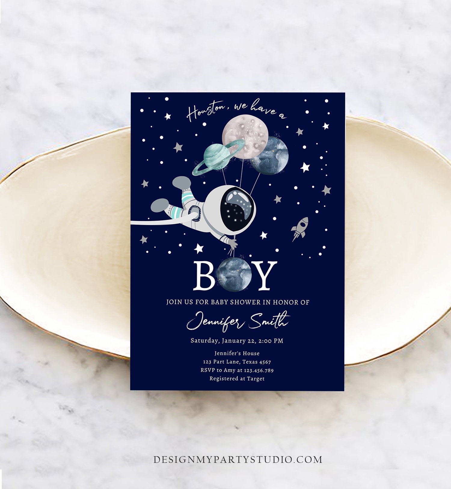 Editable Space Astronaut Baby Shower Invitation Galaxy Houston It's a Boy Blue Planets Moon Countdown Template Instant Download Corjl 0366