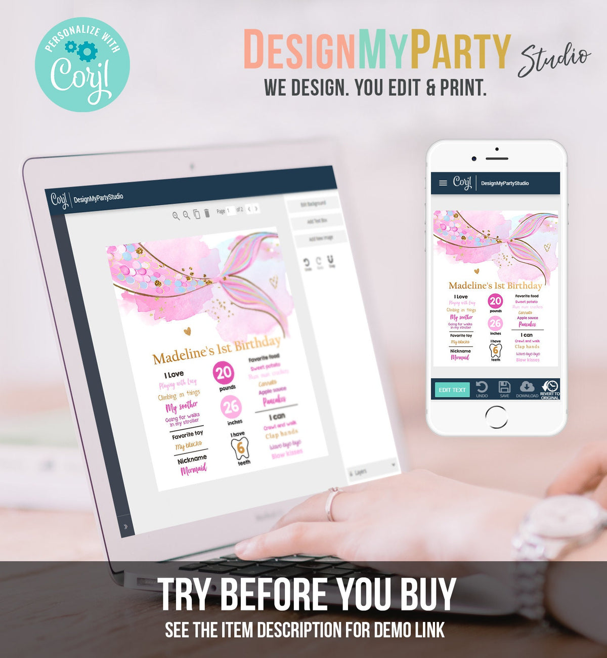 Editable Mermaid Birthday Milestones Sign Mermaid Tail Girl 1st Birthday Under The Sea Pink Purple Gold First Template Printable Corjl 0403