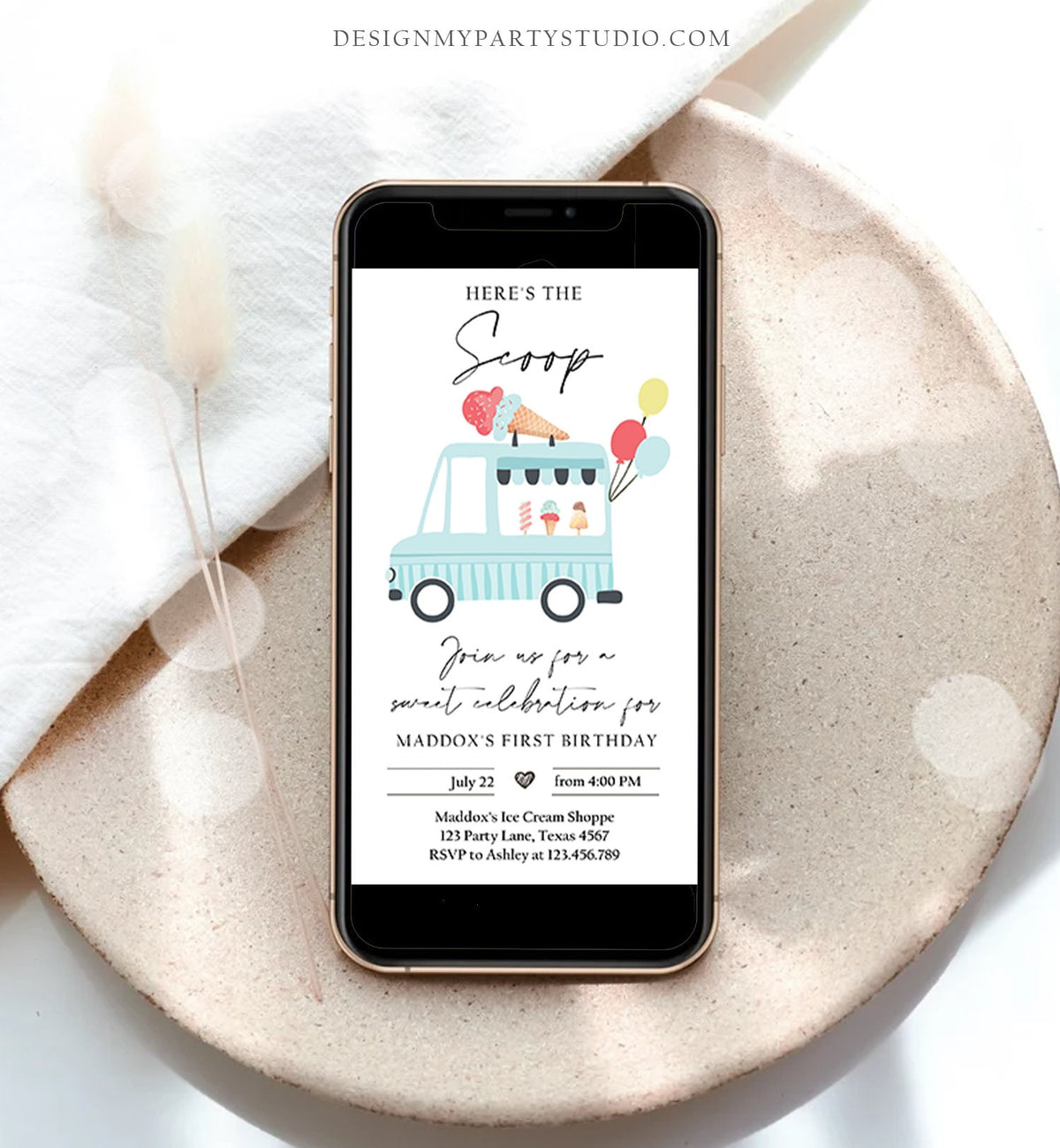 Editable Ice Cream Truck Birthday Evite Boy Ice Cream Truck Invite Modern Ice Cream Shoppe Van The Scoop Phone Digital Template Corjl 0415