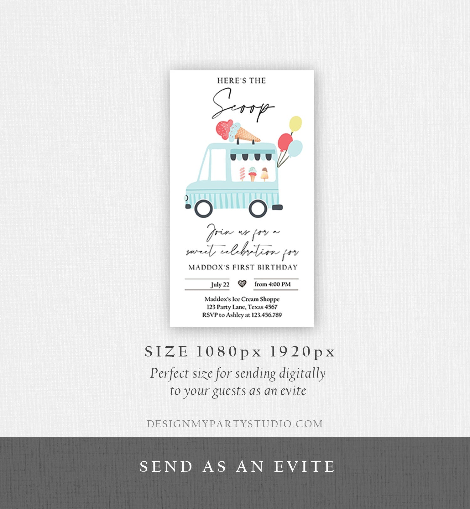 Editable Ice Cream Truck Birthday Evite Boy Ice Cream Truck Invite Modern Ice Cream Shoppe Van The Scoop Phone Digital Template Corjl 0415