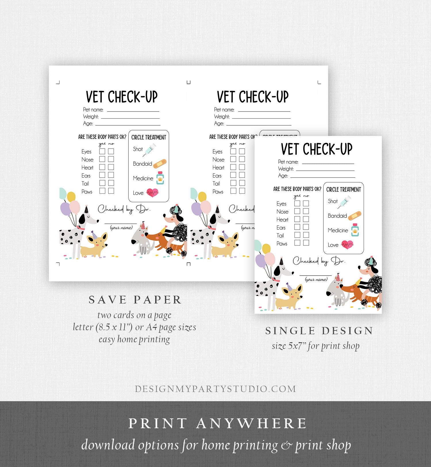 Vet Check Up Exam Sheet Pet Check-Up Dog Birthday Party Puppy Party Hospital Puppy Adoption Adopt a Pet Girl Pink Download Printable 0429
