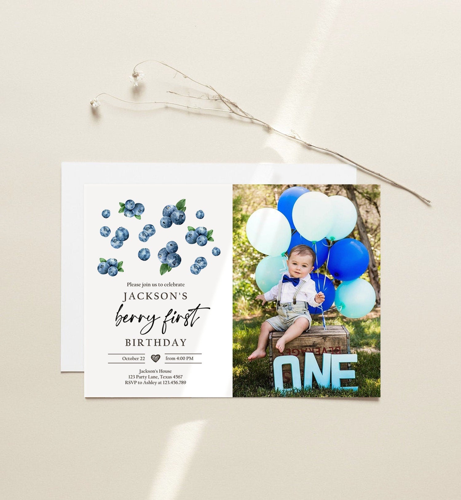Editable Blueberry Birthday Invitation First Birthday Berry Sweet Boy Cute Blueberries 1st Digital Download Evite Template Printable 0399
