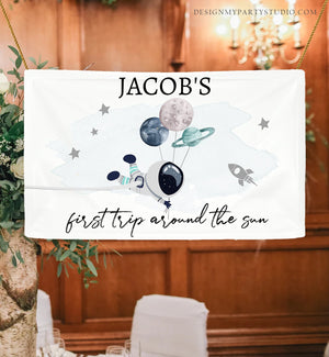 Editable Outer Space Backdrop Banner Space Birthday Boy Blue First Trip Around the Sun Galaxy Planets Download Corjl Template Printable 0366