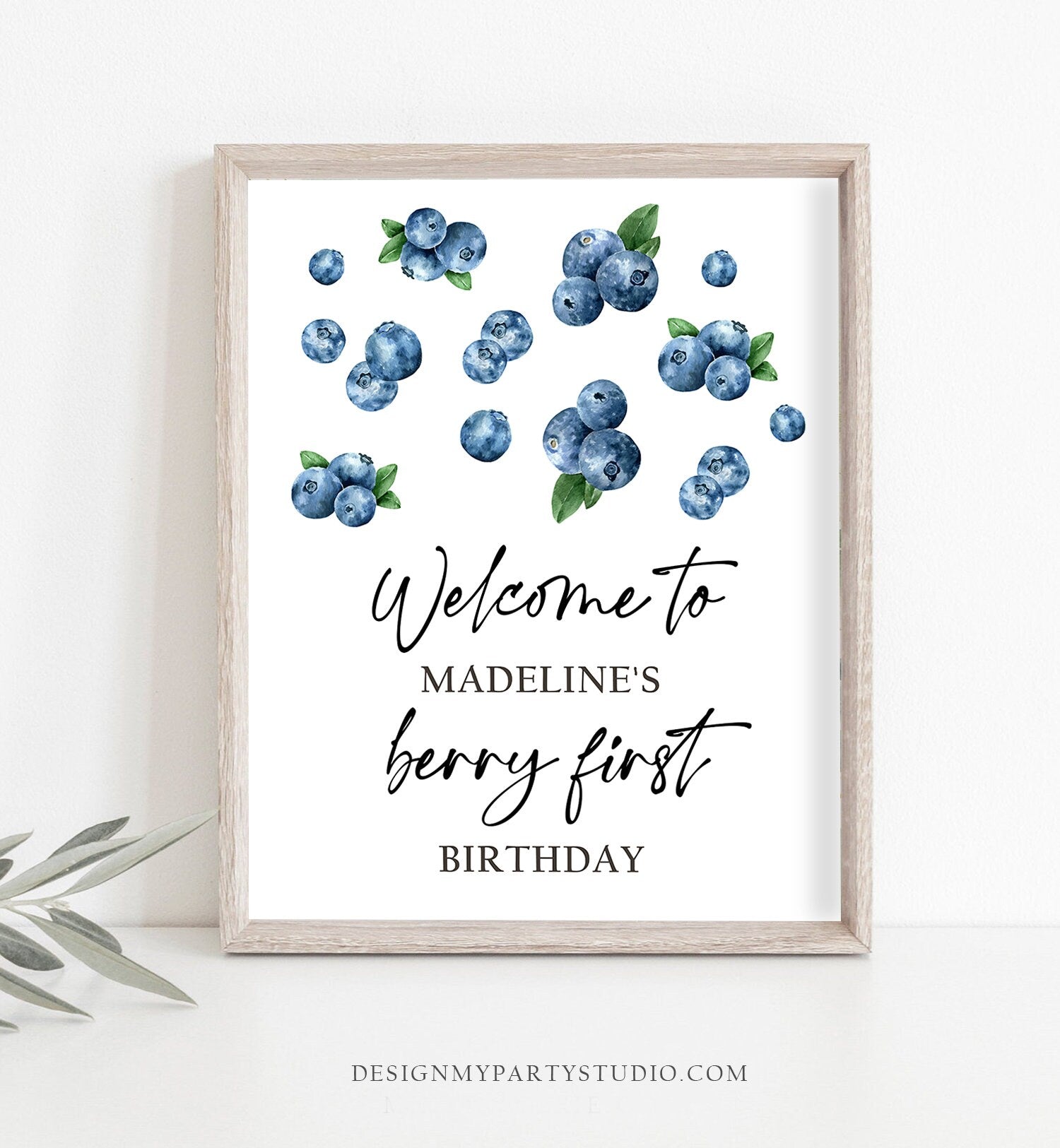 Editable Berry First Birthday Welcome Sign Blueberries Blueberry Party Welcome Farmers Market Boy Watercolor Template PRINTABLE Corjl 0399