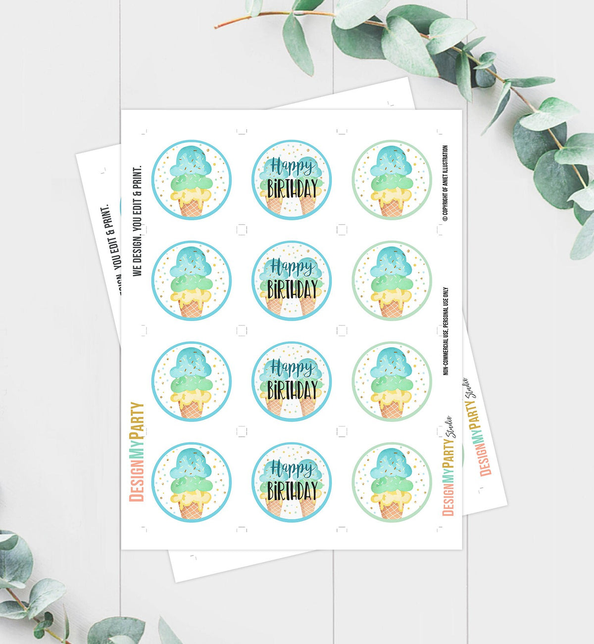 Ice Cream Cupcake Toppers Favor Tags Ice Cream Birthday Party Decoration Boy Blue Mint Yellow Summer Scoop Digital Download Printable 0243