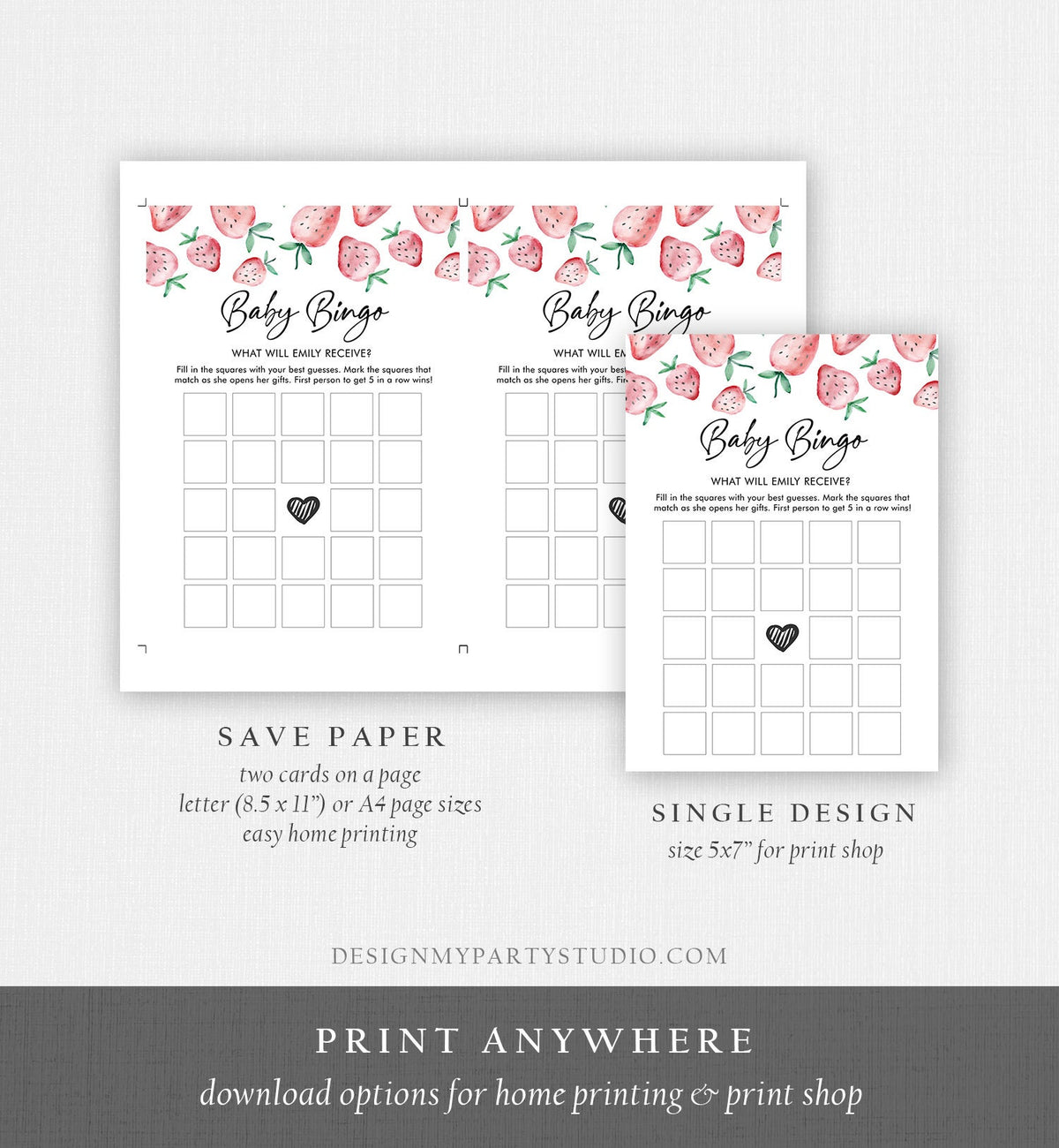 Editable Baby Bingo Game Strawberry Baby Shower Game Baby Coed Sprinkle Strawberries Pink Instant Download Corjl Template Printable 0399