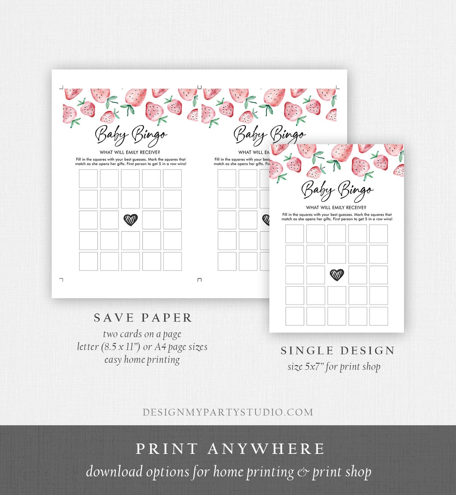 Editable Baby Bingo Game Strawberry Baby Shower Game Baby Coed Sprinkle Strawberries Pink Instant Download Corjl Template Printable 0399