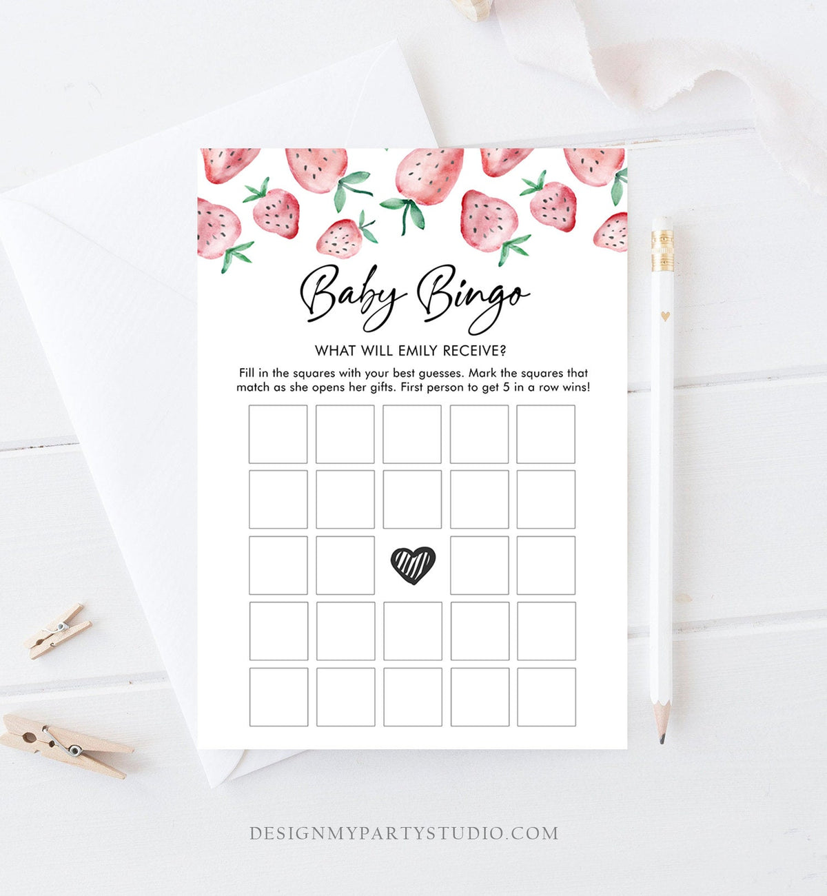 Editable Baby Bingo Game Strawberry Baby Shower Game Baby Coed Sprinkle Strawberries Pink Instant Download Corjl Template Printable 0399