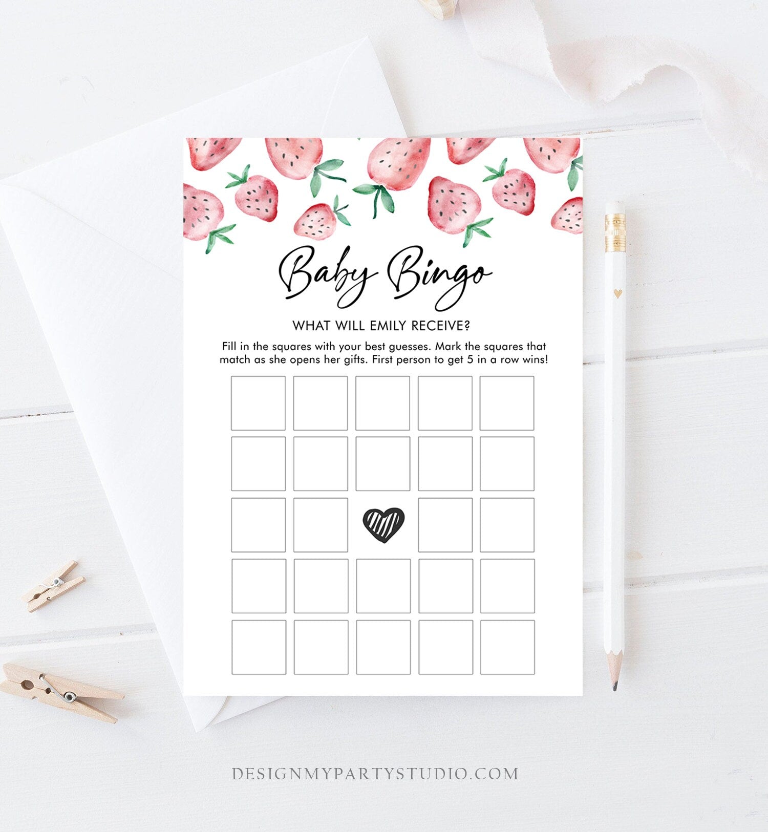 Editable Baby Bingo Game Strawberry Baby Shower Game Baby Coed Sprinkle Strawberries Pink Instant Download Corjl Template Printable 0399