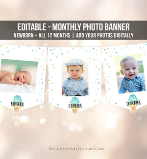 Editable Ice Cream Monthly Photo Banner First Birthday Boy Blue Yellow Mint Sweet One Decor Instant Download Corjl Template Printable 0243