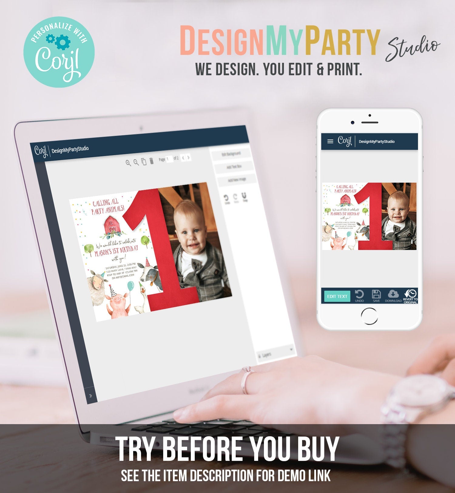 Editable Farm Animals 1st Birthday Invitation Boy Farm Barnyard First Birthday Party Animals Confetti Download Corjl Template Printable 0155