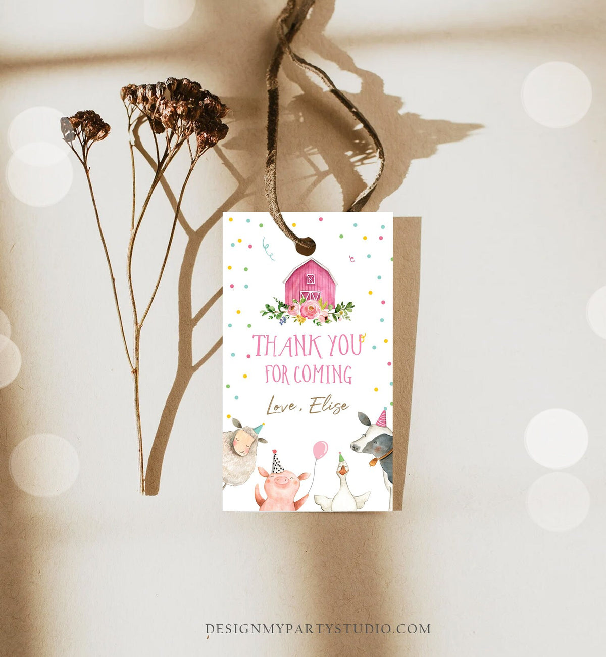 Editable Farm Animals Favor Tag Pink Farm Party Animals Girl Birthday Thank You Tag Gift Barnyard Confetti Digital Template Printable 0155