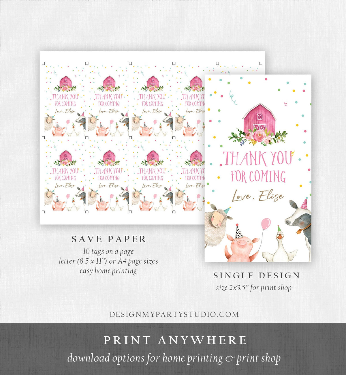 Editable Farm Animals Favor Tag Pink Farm Party Animals Girl Birthday Thank You Tag Gift Barnyard Confetti Digital Template Printable 0155