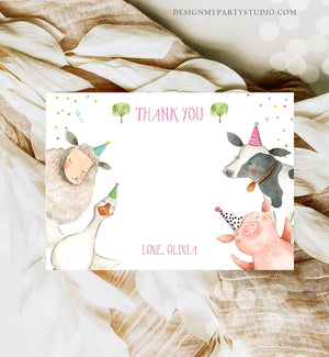Editable Farm Animals Thank You Card Pink Gingham Farm Birthday Girl Barnyard Thank You Card Birthday Confetti Instant Download Corjl 0155