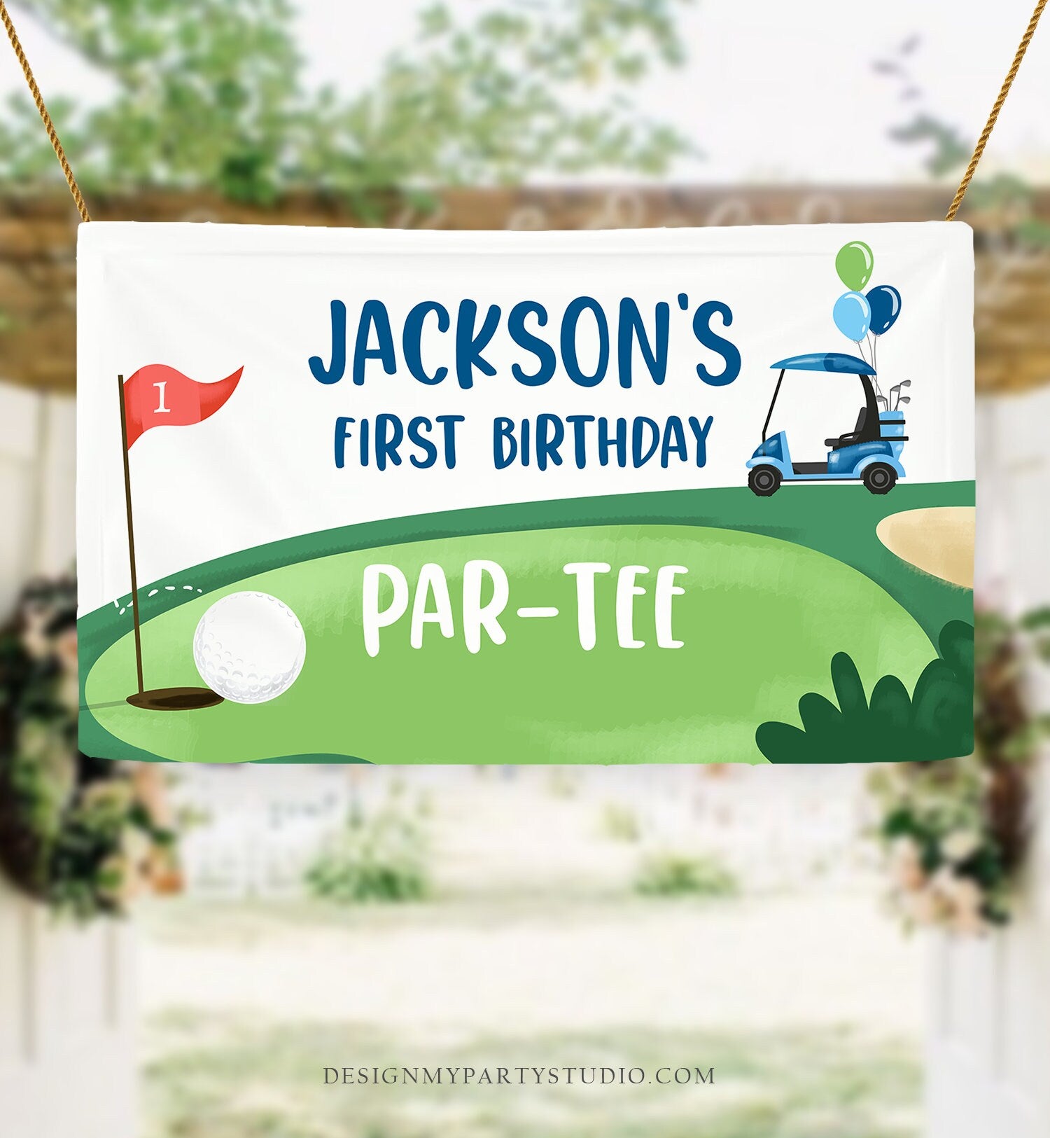 Editable Hole in One Backdrop Banner Golf Birthday Boy First Birthday Par-tee Golfing 1st Golf Party Download Corjl Template Printable 0405