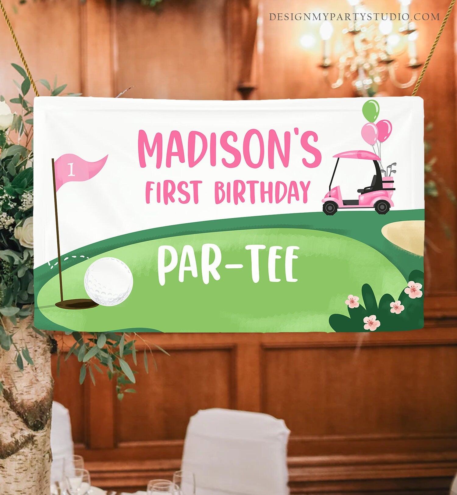 Editable Hole in One Backdrop Banner Golf Birthday Girl First Birthday Par-tee Golfing 1st Party Digital Download Template Printable 0405