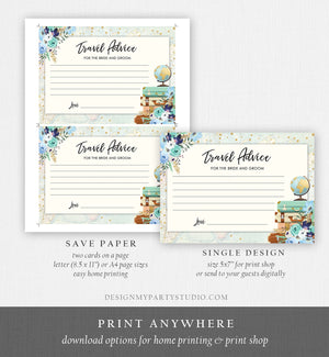 Editable Advice for the Bride-to-Be Card Bridal Shower Travel Words of Wisdom for Bride Game Adventure Blue Floral Gold Corjl Template 0030