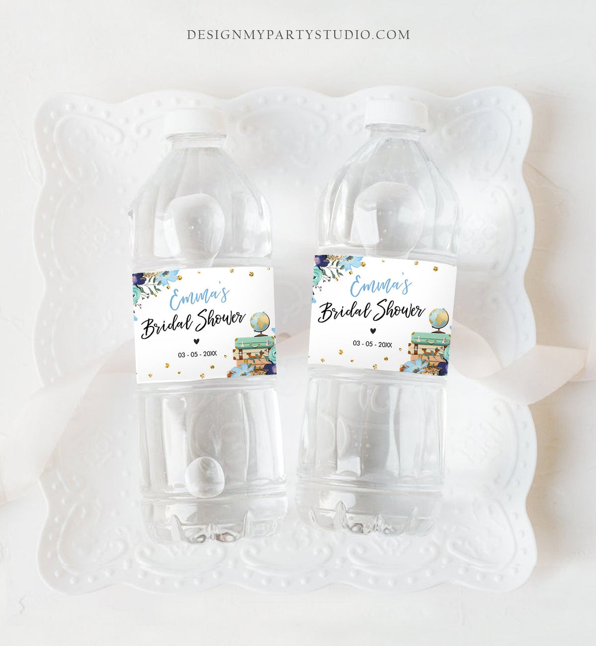 Editable Travel Adventure Water Bottle Labels Traveling to Mrs Suitcases Blue Gold Floral Flowers Printable Bottle Label Template Corjl 0030