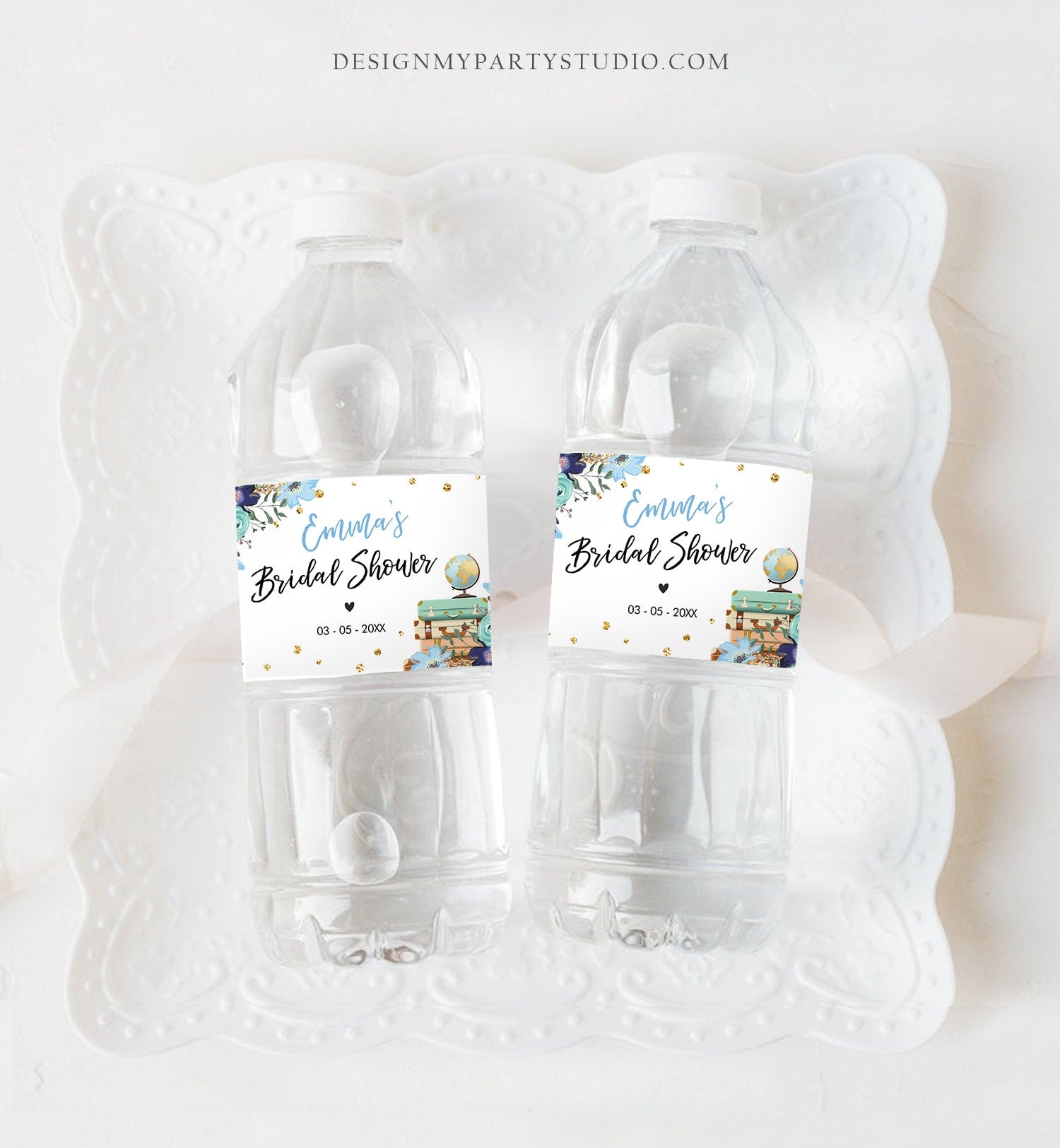 Editable Travel Adventure Water Bottle Labels Traveling to Mrs Suitcases Blue Gold Floral Flowers Printable Bottle Label Template Corjl 0030