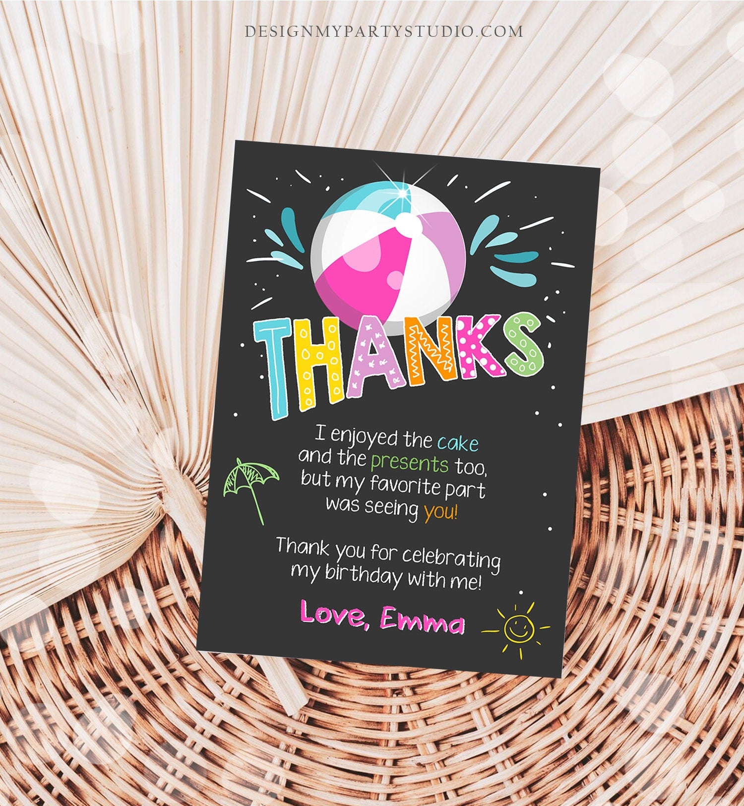 Editable Splish Splash Pool Party Thank You Card Birthday Pool Party Girl Beach Thank You Note Pink Template Instant Download Corjl 0169