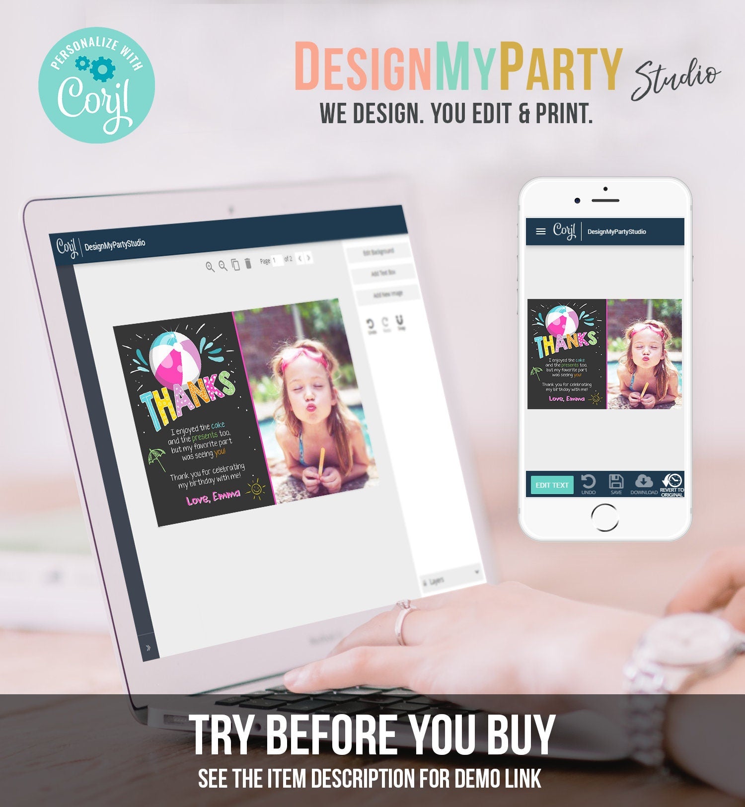 Editable Splish Splash Pool Party Thank You Card Birthday Pool Party Girl Beach Thank You Note Photo Template Instant Download Corjl 0169