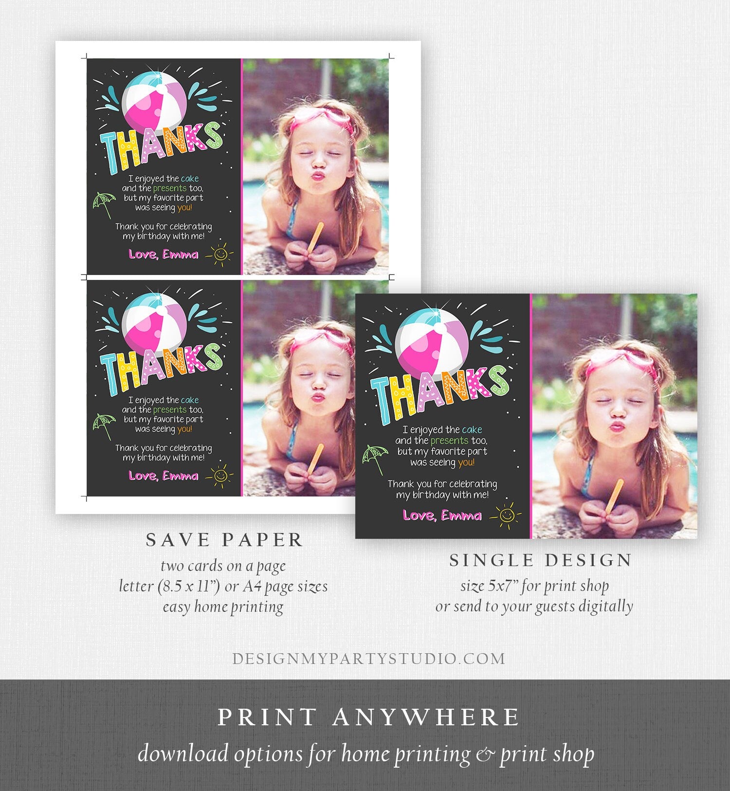 Editable Splish Splash Pool Party Thank You Card Birthday Pool Party Girl Beach Thank You Note Photo Template Instant Download Corjl 0169