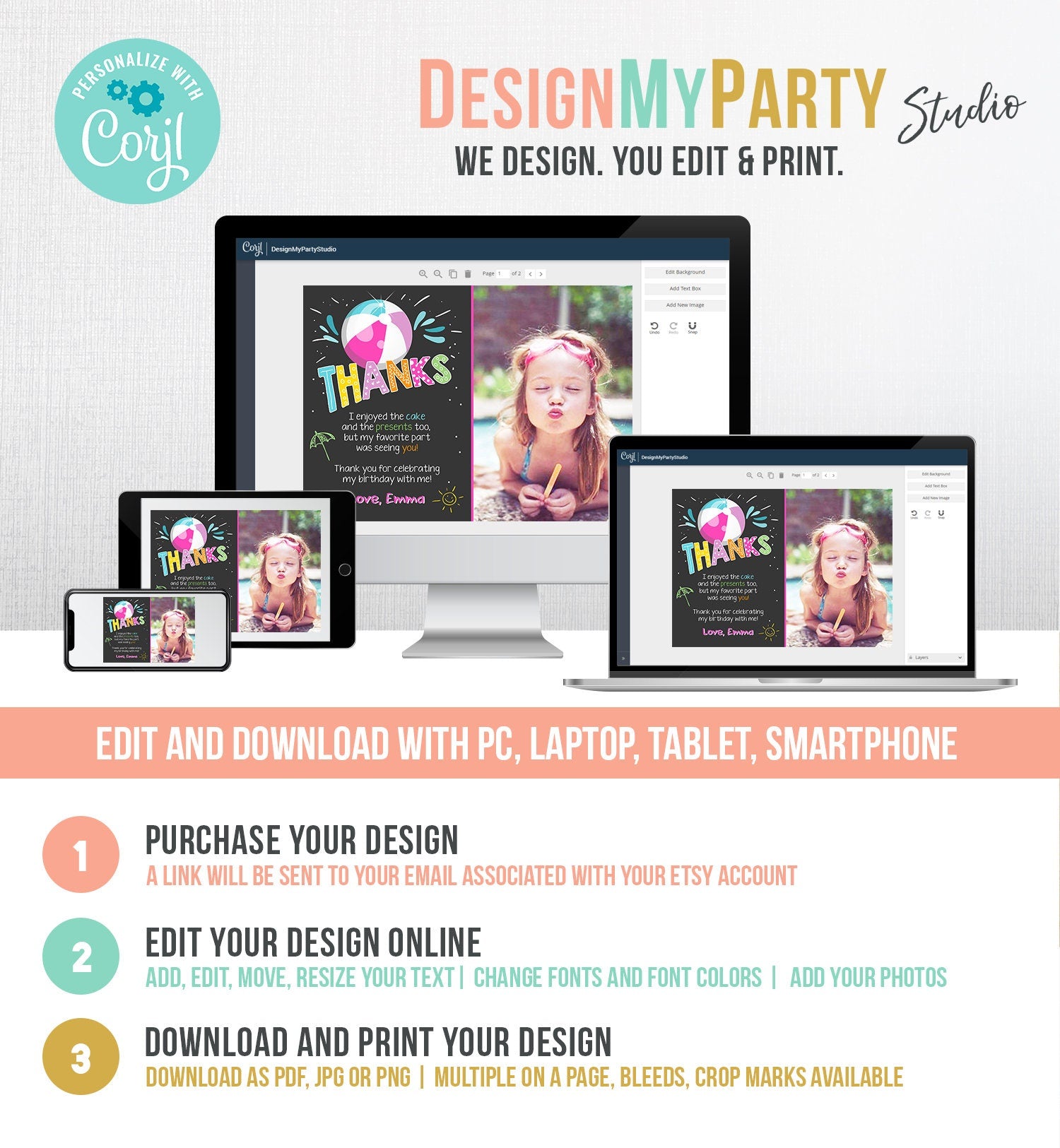 Editable Splish Splash Pool Party Thank You Card Birthday Pool Party Girl Beach Thank You Note Photo Template Instant Download Corjl 0169