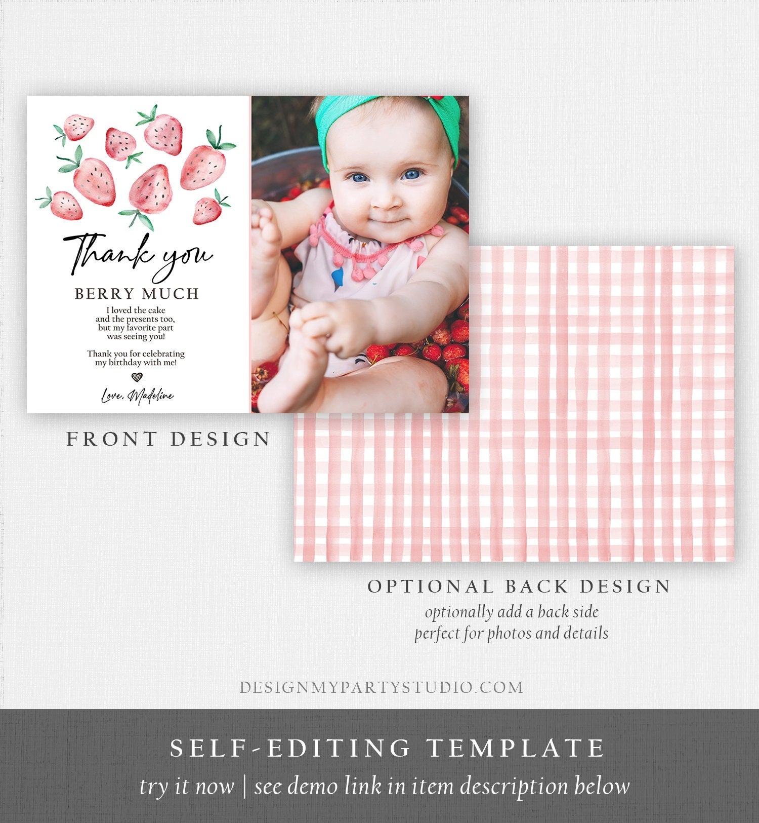 Editable Strawberry Thank You Card Strawberry Birthday First Berry Much Farmers Market Strawberries Digital Download Template Printable 0399