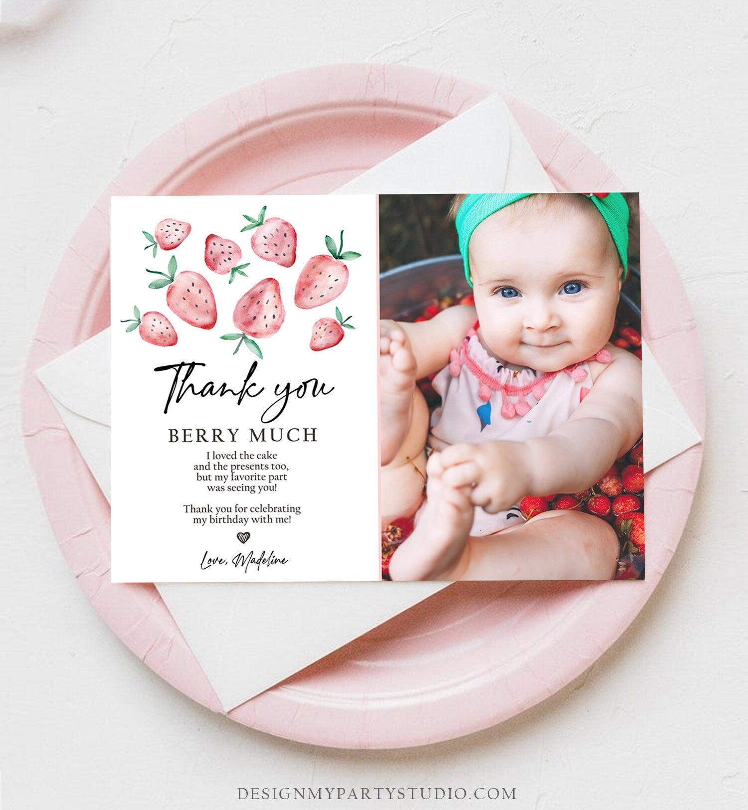 Editable Strawberry Thank You Card Strawberry Birthday First Berry Much Farmers Market Strawberries Digital Download Template Printable 0399