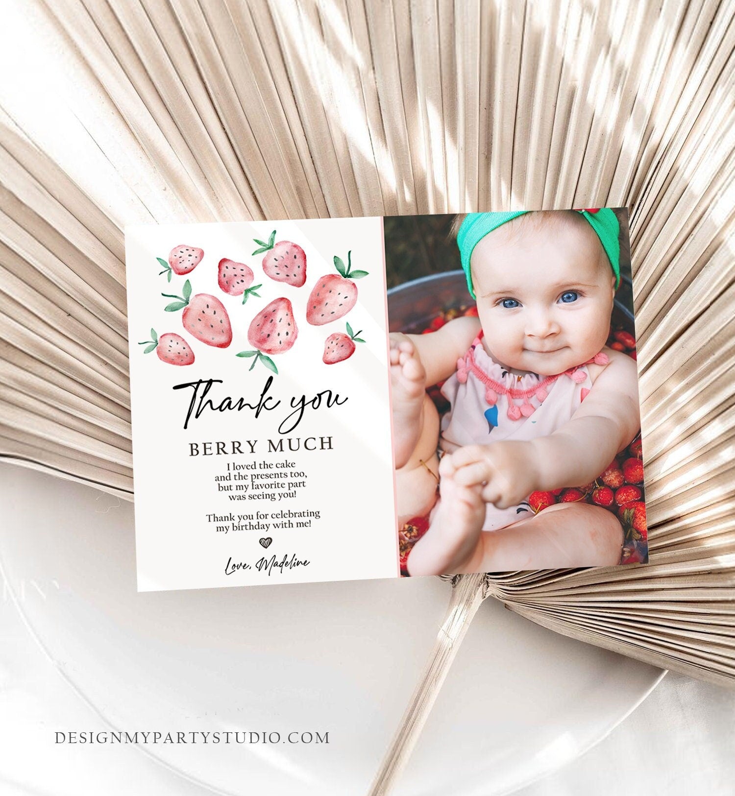 Editable Strawberry Thank You Card Strawberry Birthday First Berry Much Farmers Market Strawberries Digital Download Template Printable 0399
