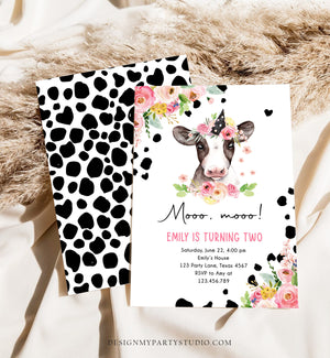 Editable Cow Birthday Invitation Girl Farm Animals Pink Floral Barnyard Party Holy Cow Mooo Two 2nd Download Printable Template Corjl 0434