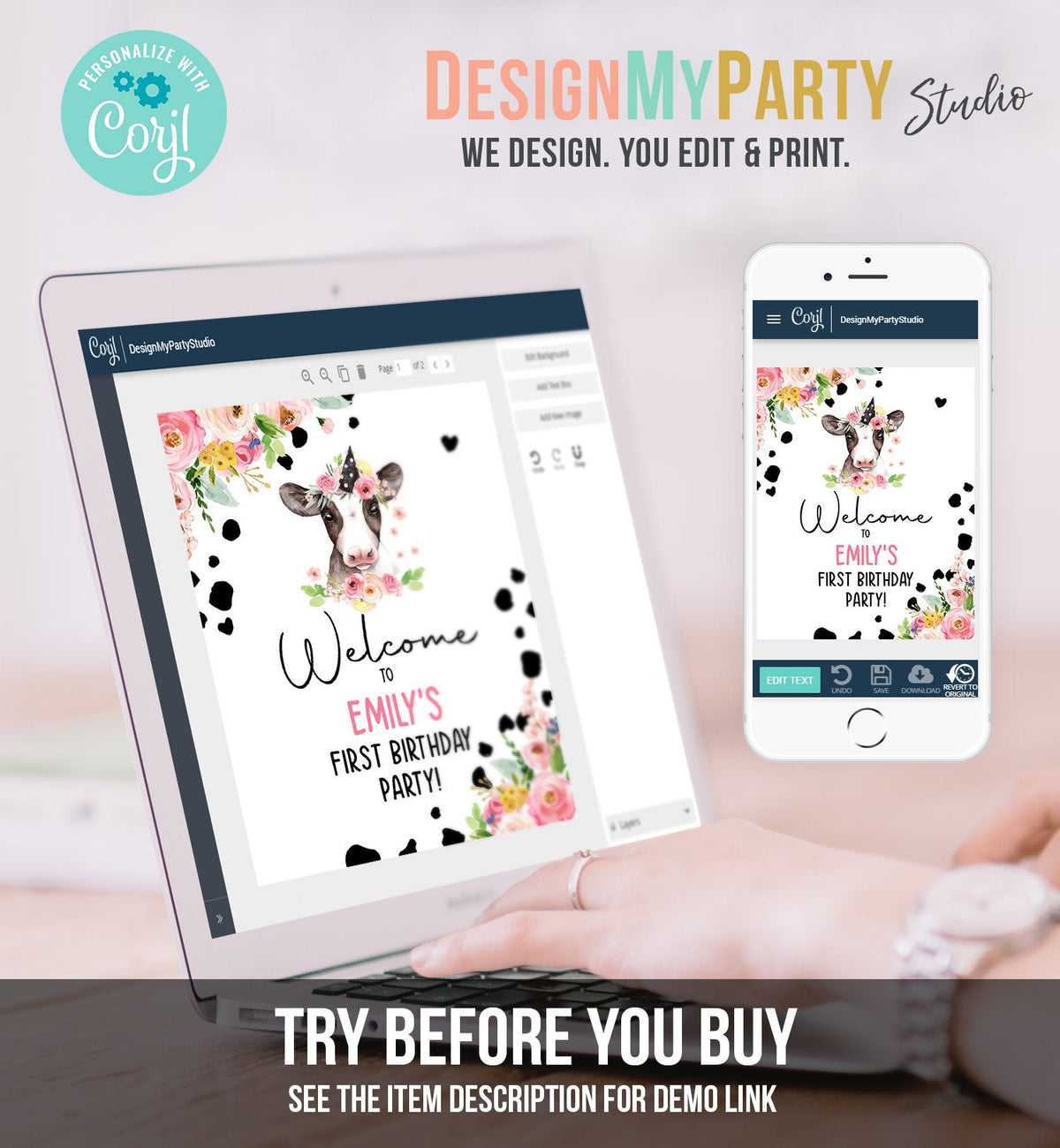 Editable Cow Birthday Welcome Sign Barnyard Birthday Welcome Sign Pink Farm Animals Girl Digital Download Template Printable 0434