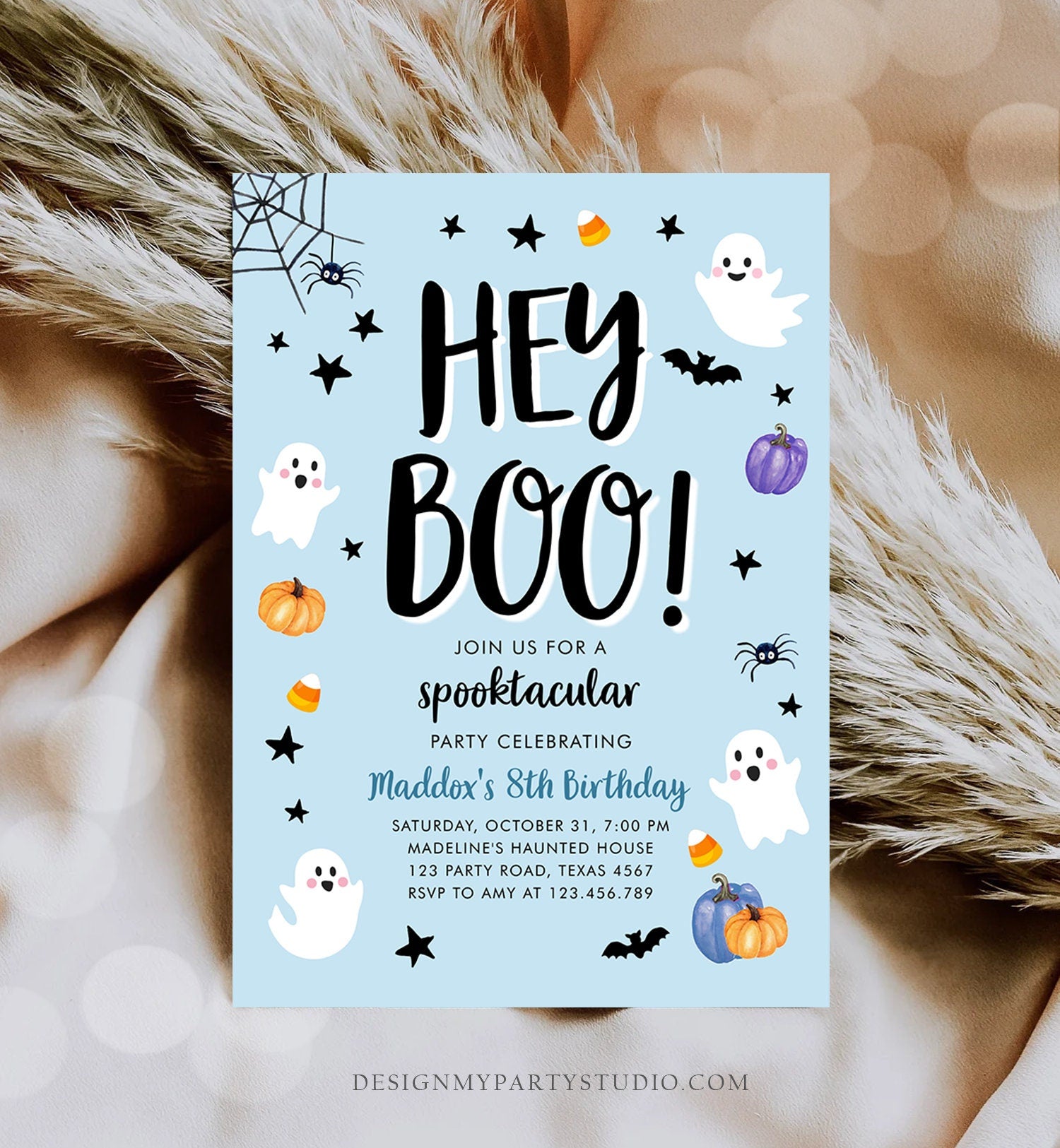 Editable Halloween Birthday Invitation Boy Ghost Costume Party Boy Blue Kids Spooktacular Spooky Digital Download Template Printable 0418